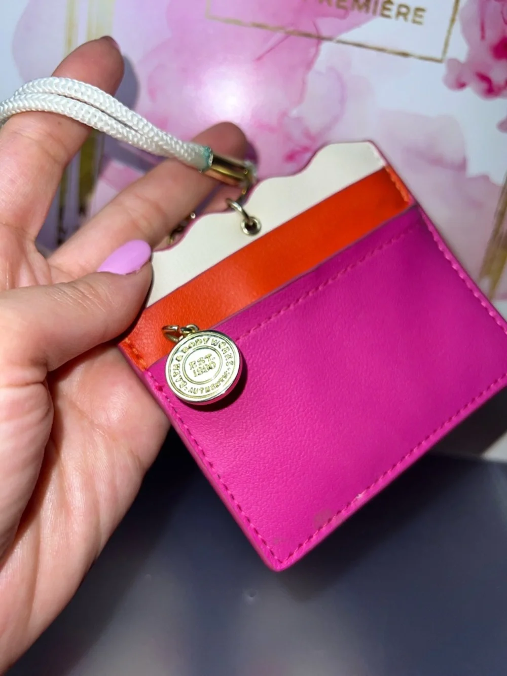Bath & Body Works Pink & Orange Cardholder with Gold Bell Hand Sanitizer Holder